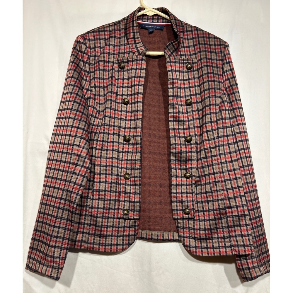 Tommy Hilfiger Military Blazer Red Navy Tan Check Plaid Crest Button Jacket Sz L